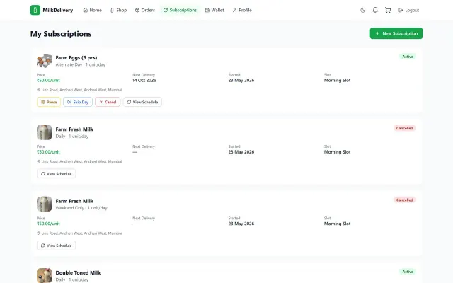 Customer subscriptions screen in Sysfo's milk delivery web app with pause, skip and cancel actions