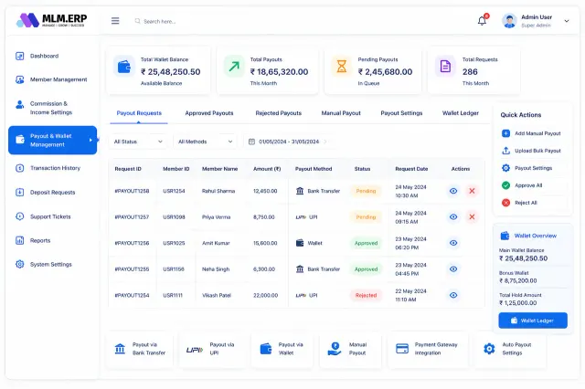 Payout management screen with pending, approved and rejected partner incentive payouts