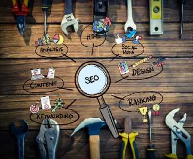 SEO toolkit covering keyword research, content, analysis and ranking laid out on a desk