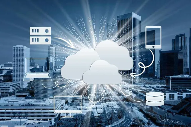 Cloud servers connected to laptops and mobile devices illustrating managed cloud and VPS hosting
