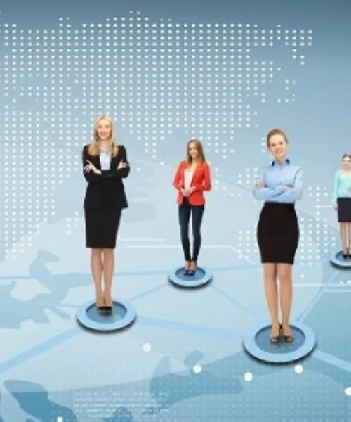 Business people connected across a network map