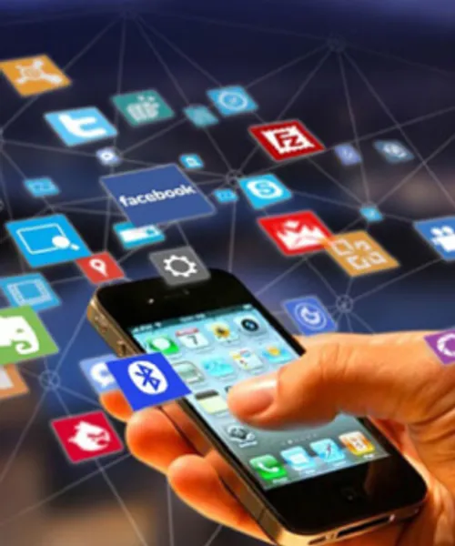 Smartphone surrounded by mobile app icons