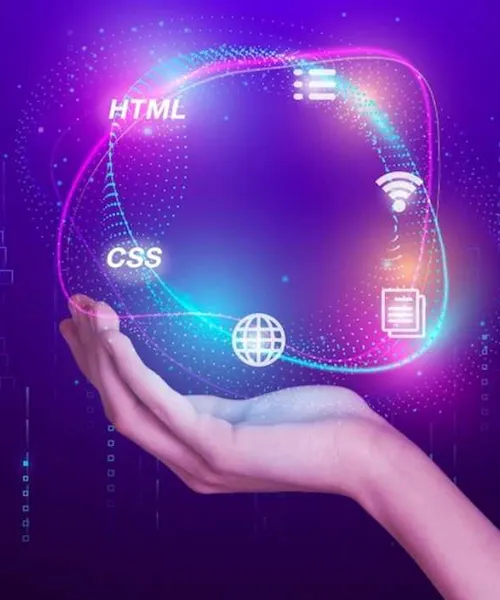 Web technologies such as HTML and CSS floating above a hand