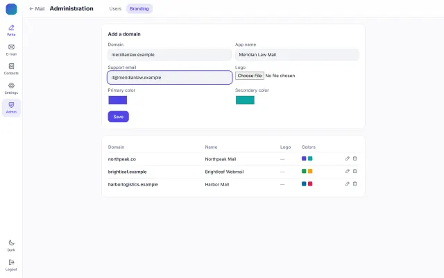 White-label branding screen in a multi-tenant SaaS web application with domains and colour themes