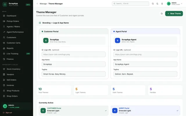 Website admin panel theme manager built by Sysfo for editing site content and branding
