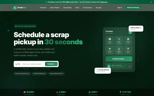 Brand-led marketing website homepage designed and developed by Sysfo for its ScrapApp product