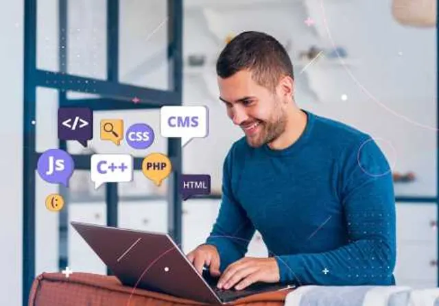 WordPress developer coding a custom theme with CMS, PHP, HTML and CSS on a laptop